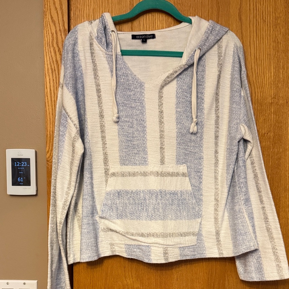 Ocean Drive Light Blue and Cream Striped Hoodie